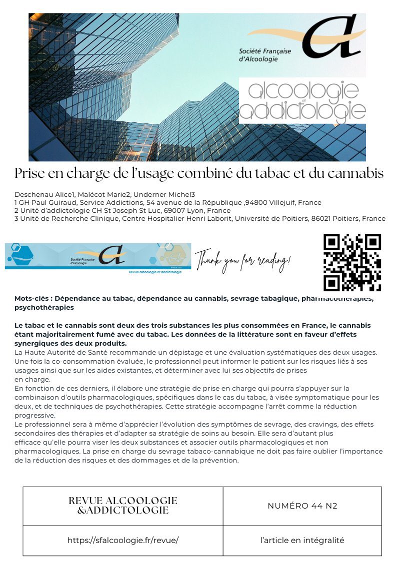 [Revue A&amp;A] T44 N2
#sevrage 
▶️prise en charge de l’usage combiné du #Tabac et du #cannabis
Recos <a href="/HAS_sante/">Haute Autorité de santé</a> 
✅évaluation et repérage systématique des 2 usages
✅Thérapeutiques pharmacologiques et psychothérapies
À lire 
⤵️sfalcoologie.fr/wp-content/upl…
<a href="/RechercheAlcool/">Recherche alcool</a> <a href="/AlcoolConsoSc/">Alcool Conso Science</a>