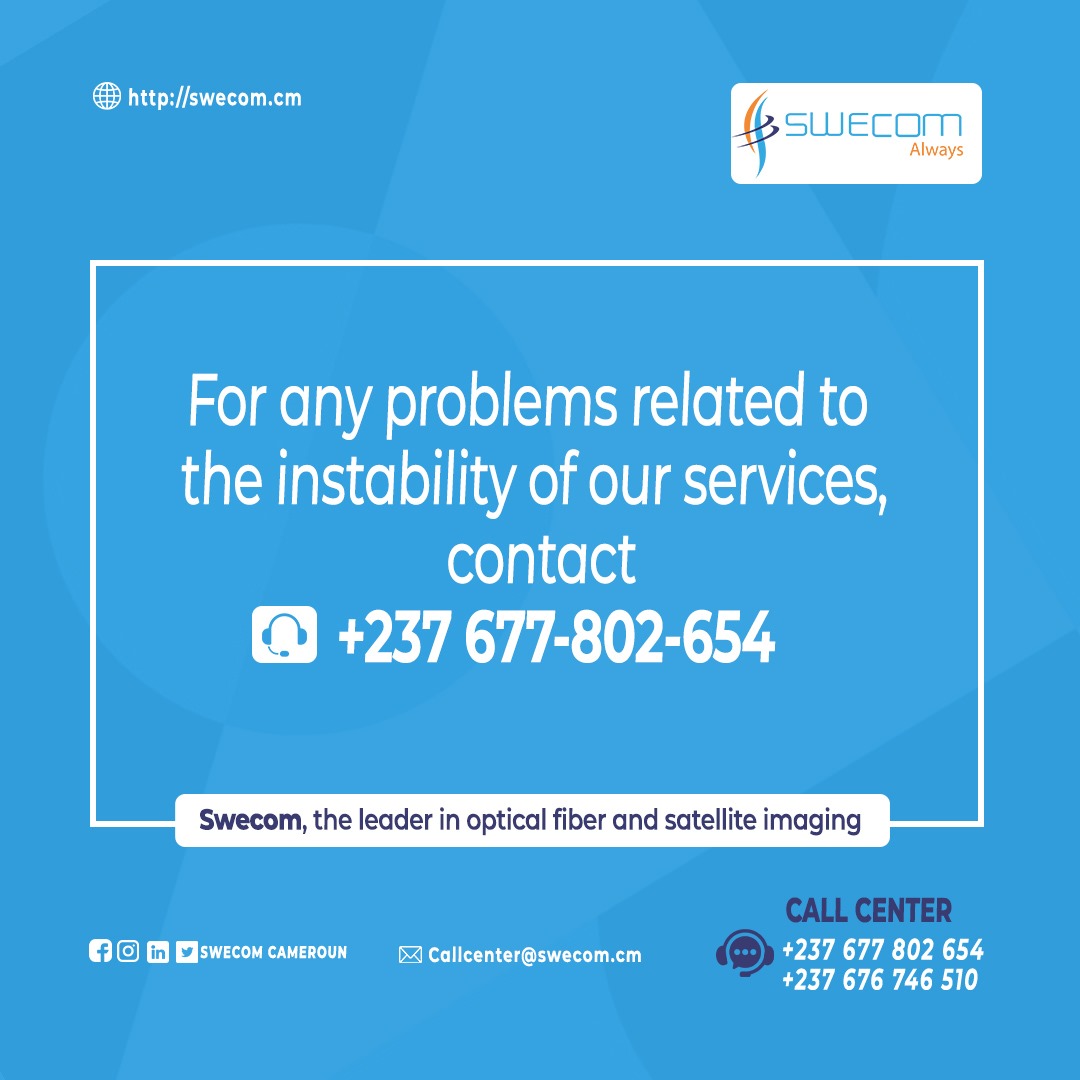 SwecomCameroon's tweet photo. ⭕ For any préoccupation on our services, contact our customer service 😌

#SWECOM #telecom #INTERNET https://t.co/1IUX8R4IQK
