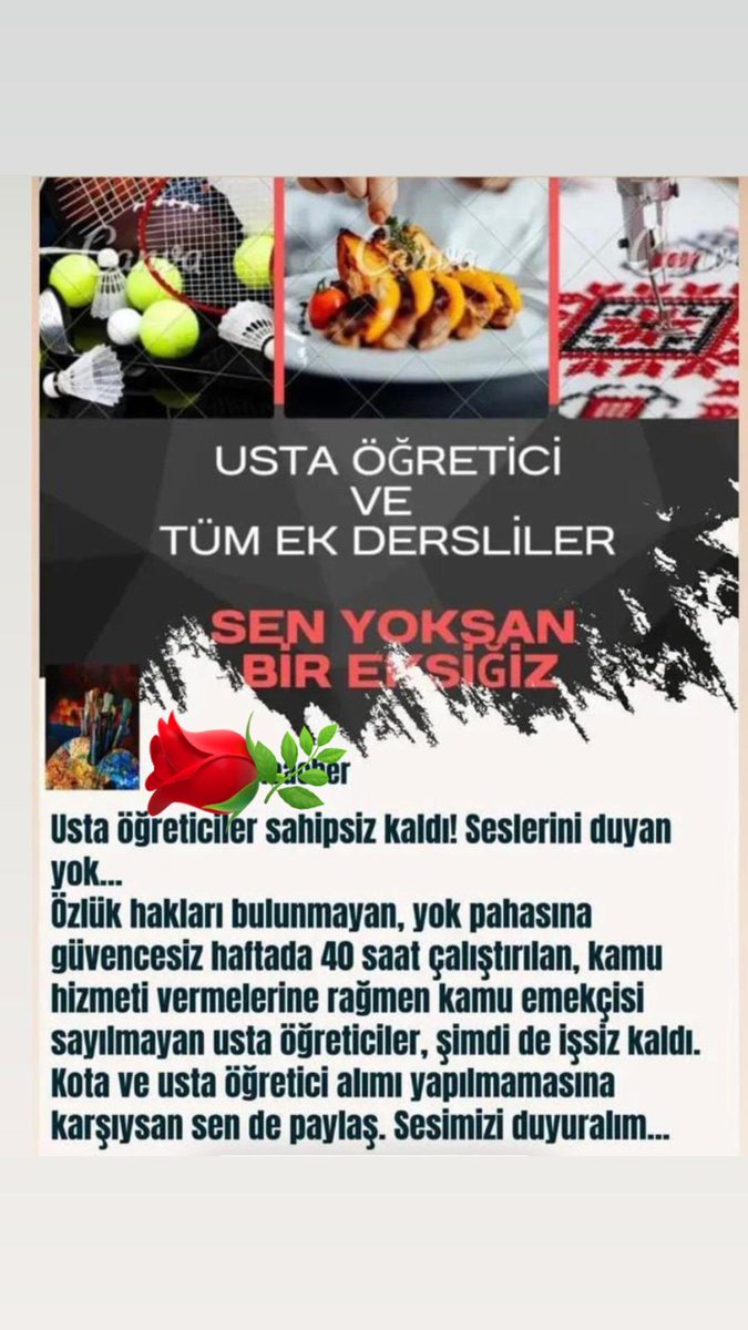 Sesizce yok edildik işsiz bırakıldık işimiz i istiyoruz biz usta öğreticiyiz mesleğimizni geri verilmesini istiyoruz
Biz ekmeğimizin peşindeyiz  
<a href="/RTErdogan/">Recep Tayyip Erdoğan</a> 
<a href="/CelileErenOKTEN/">Celile Eren ÖKTEN</a> 
<a href="/MeclisinSesi6/">Meclisin sesi 🏛️</a>
<a href="/Yusuf__Tekin/">Yusuf Tekin</a> 
<a href="/mebhbogm/">MEB Hayat Boyu Öğrenme Genel Müdürlüğü</a> 
#UstaöğreticilerSusmayacak
HAYAT BOYU
Ekmeğimizi istiyoruz