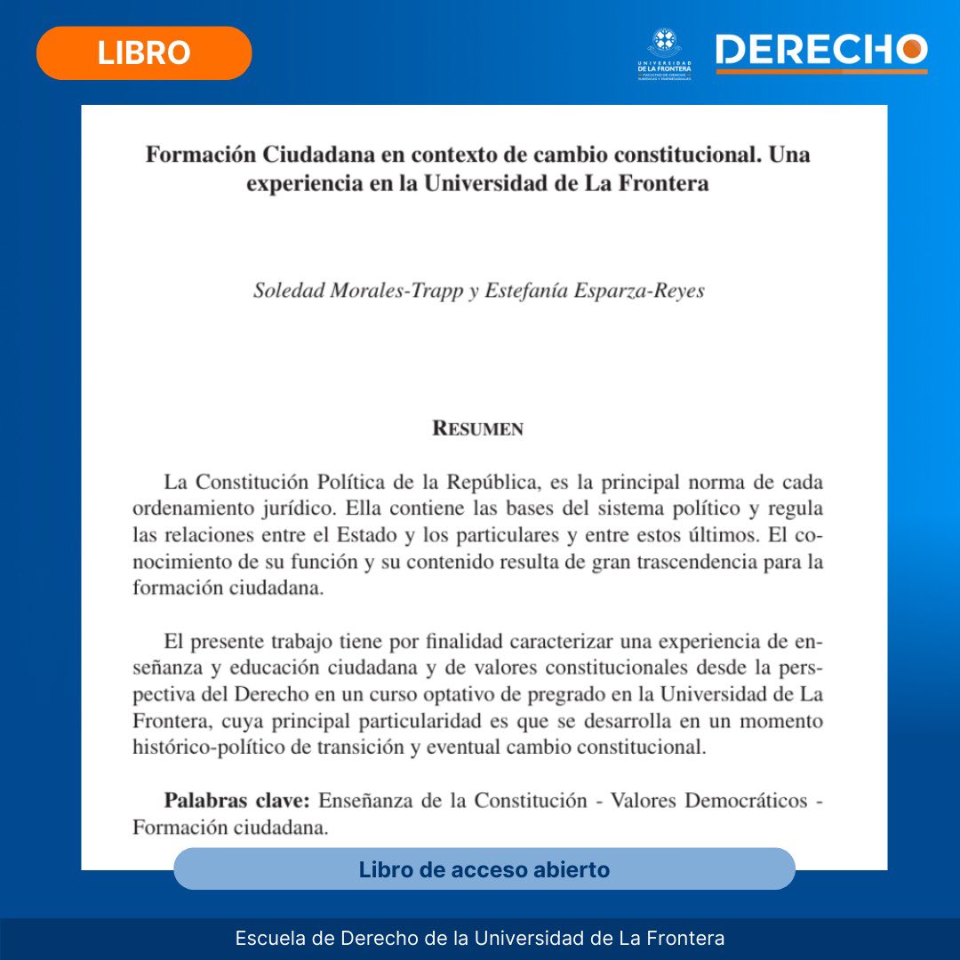 📖📚 Dra. Estefanía Esparza y Mg. Soledad Morales son autoras de un capítulo del libro: “Experiencias y Reflexiones en Formación y Participación Ciudadana desde un Dialogo Universitario”.

Libro aquí: pregrado.ufro.cl/images/documen…