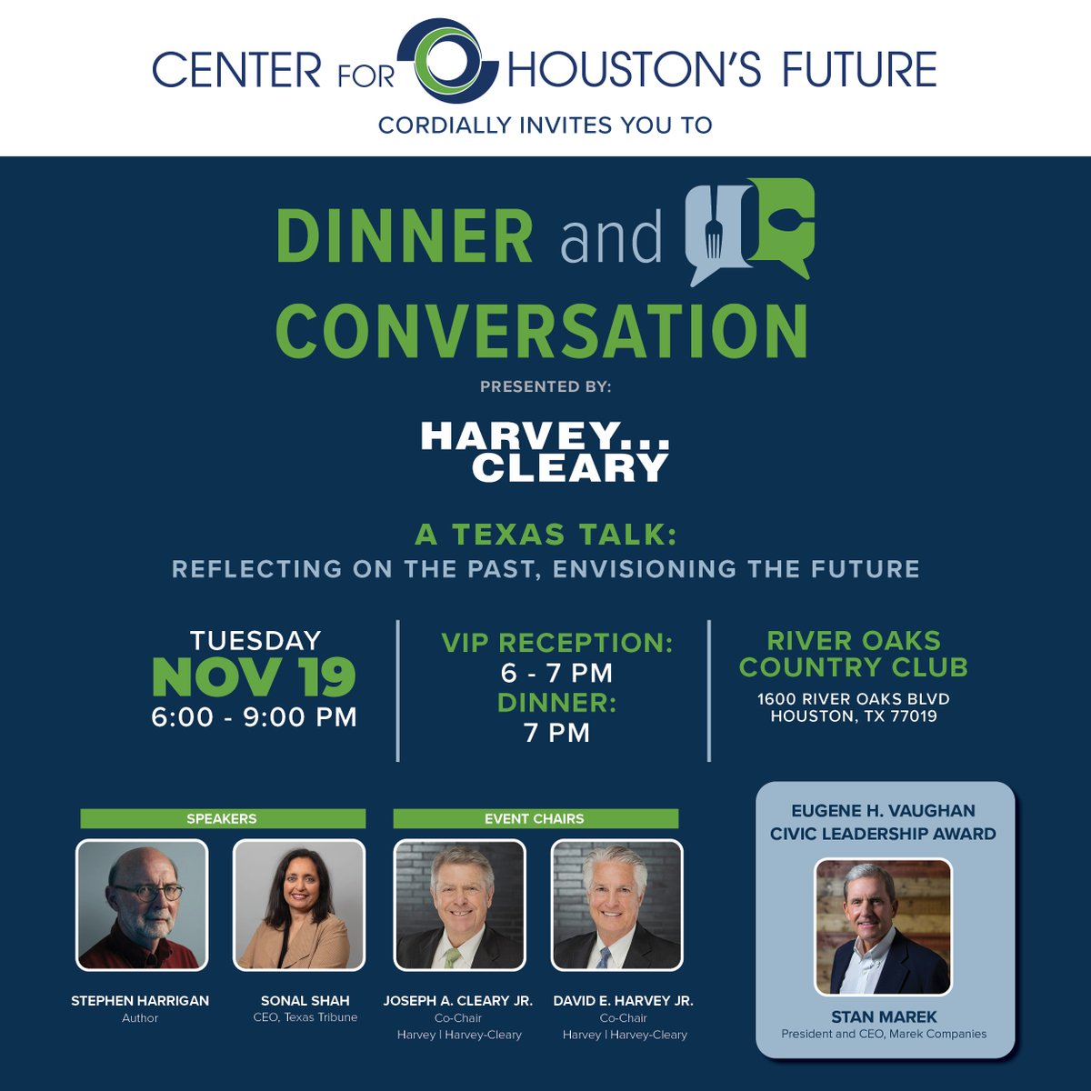 CHF's signature annual event, Dinner and Conversation presented by Harvey | Harvey-Cleary, is set for Nov. 19.   Details below, and table/ticket info here: tinyurl.com/5w9ffeyh. Thanks to presenting sponsor Harvey | Harvey-Cleary and to premier underwriter Forney Construction.