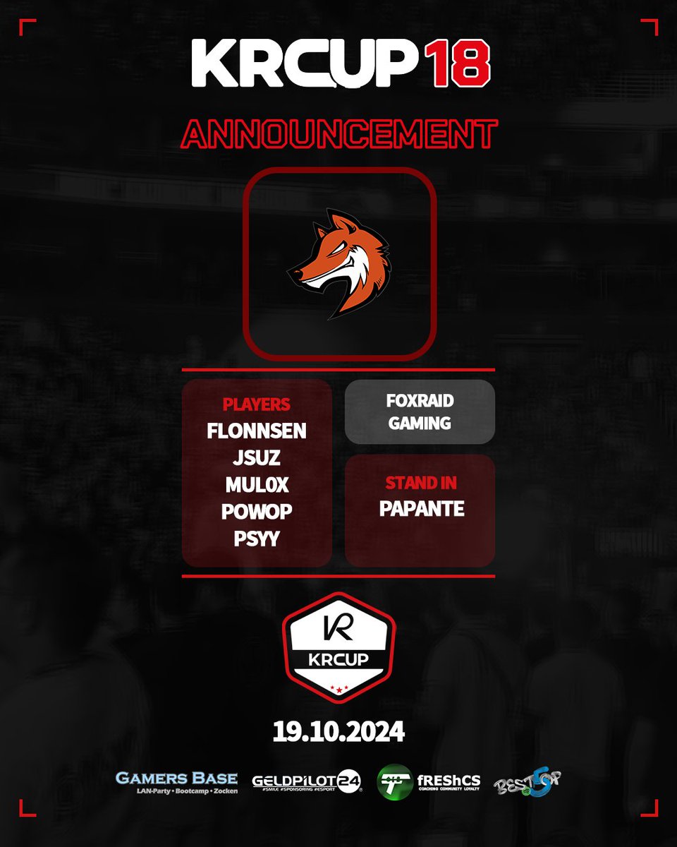 KRCup_CS (@krcup_de) on Twitter photo Unser zweiter Teilnehmer <a href="/FoXRaiDGaming/">FoXRaiD Gaming 🦊 @ GamescomLAN</a> 🦊🦊🦊
<a href="/PsyyCS2/">Psyy</a>
<a href="/flonnsen/">Flonnsen</a>
<a href="/jesus1860__/">jesus1860</a>
<a href="/mul0x/">mul0x</a>
<a href="/__Powop__/">Powop</a>
#PapAnte
Viel Erfolg 🔥🔥
---------
<a href="/fREShCS1/">fREShCS</a> | <a href="/GELDPILOTeSport/">GELDPILOT24 eSport</a> | <a href="/GamersBaseBC/">Gamers Base</a> | <a href="/BestOf5Podcast/">BestOf5 Podcast</a> Unser zweiter Teilnehmer <a href="/FoXRaiDGaming/">FoXRaiD Gaming 🦊 @ GamescomLAN</a> 🦊🦊🦊
<a href="/PsyyCS2/">Psyy</a>
<a href="/flonnsen/">Flonnsen</a>
<a href="/jesus1860__/">jesus1860</a>
<a href="/mul0x/">mul0x</a>
<a href="/__Powop__/">Powop</a>
#PapAnte
Viel Erfolg 🔥🔥
---------
<a href="/fREShCS1/">fREShCS</a> | <a href="/GELDPILOTeSport/">GELDPILOT24 eSport</a> | <a href="/GamersBaseBC/">Gamers Base</a> | <a href="/BestOf5Podcast/">BestOf5 Podcast</a>