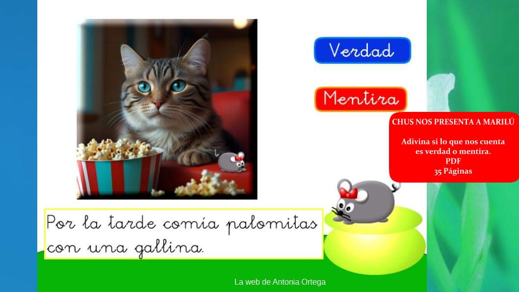 NOVEDAD WEB ANTONIA ORTEGA. 
Primero fue Teo, ahora Chus nos presenta a Marilú. Ella es muy bromista, ¿sabrás qué es verdad o mentira de lo que nos cuenta?
Mira atentamente las imágenes. Os dejo un ejemplo.
DESCARGA: webantoniaortega.com/Comprension2.h…
35 Páginas PDF
 #FelizMartesATodos