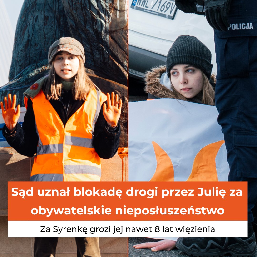 OstatniePokolen's tweet photo. Sąd uznał blokadę ulic przez Julię i Mariannę za nieposłuszeństwo obywatelskie.

Za oblanie Syrenki skrobią z barwnikiem spożywczym grozi im nawet 8 lat więzienia. Czy prawo do ochrony życia zagrożonego kryzysem klimatycznym zostanie uszanowane i tu? https://t.co/uNOVGRmbA0
