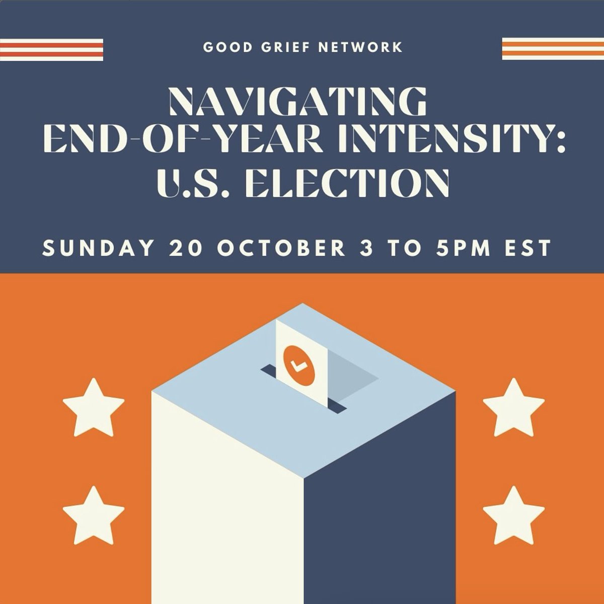 How are you holding up?

As we enter in the election season - would you like some support? We're gathering folks together in small processing groups to offer sharing, deep listening, and perspective. 
Join us:
goodgriefnetwork.app.neoncrm.com/nx/portal/neon…