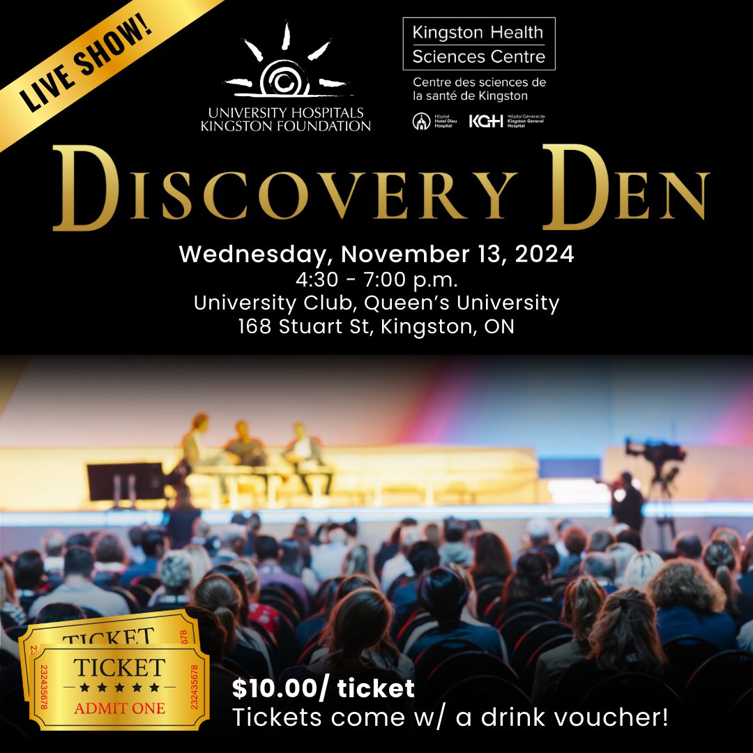 Join us for Discovery Den! 🏥 For $10, you can mingle, have a drink and hear live hospital #innovation pitches from <a href="/KingstonHSC/">KingstonHSC</a> staff along with our judges: Alicia Gordon, Jacqui Collier, Tommy Hunter and <a href="/TheRealSideshow/">Sideshow</a>.

🎟️ Buy tickets: bit.ly/3XTTIWZ