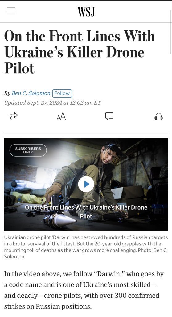 The <a href="/WSJ/">The Wall Street Journal</a> piece on Ukraine drone warfare is incredibly well-produced — seriously one of the most immersive and well-crafted things l've seen. It does a great job at putting you right into the perspective of what the front lines is like for these drone pilots. The new age of