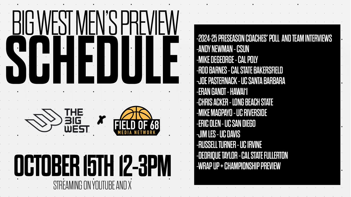 BigWestSports's tweet photo. 𝗕𝗶𝗴 𝗪𝗲𝘀𝘁 𝗕𝗮𝘀𝗸𝗲𝘁𝗯𝗮𝗹𝗹 𝗣𝗿𝗲𝘃𝗶𝗲𝘄 🏀

We are live in 1⃣ hour on @TheFieldOf68 for the 2024-25 Big West Basketball Preview presented by @MyCreditUnion1 and @jerseymikes!

#𝗢𝗻𝗹𝘆𝗧𝗵𝗲𝗕𝗼𝗹𝗱 x #NCAAMBB x #NCAAWBB https://t.co/jU6ev5UTyR