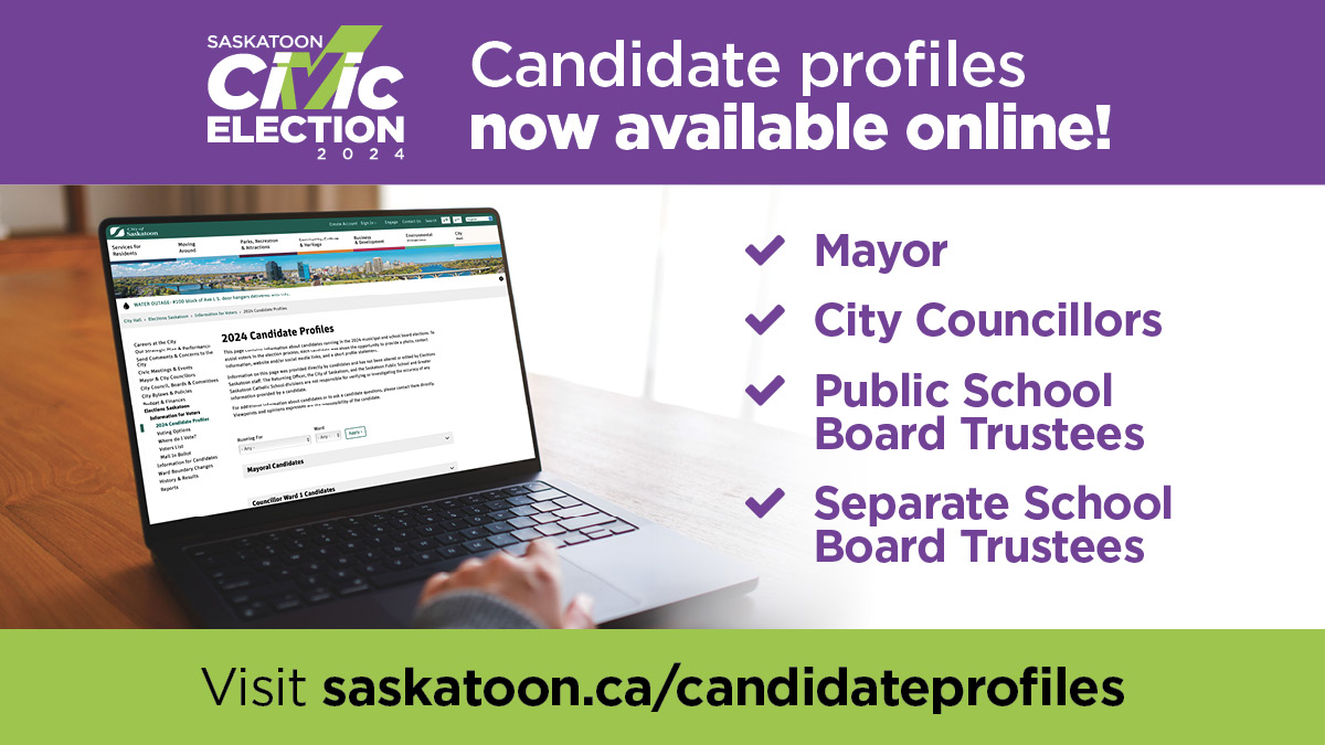 Wondering about who is running in Saskatoon’s 2024 Civic Election on November 13? Want to learn more about them, how to contact them or review their platforms?

✅ Candidate profiles are now available online at: saskatoon.ca/candidateprofi…

ℹ️ Learn more bit.ly/4eLlue4