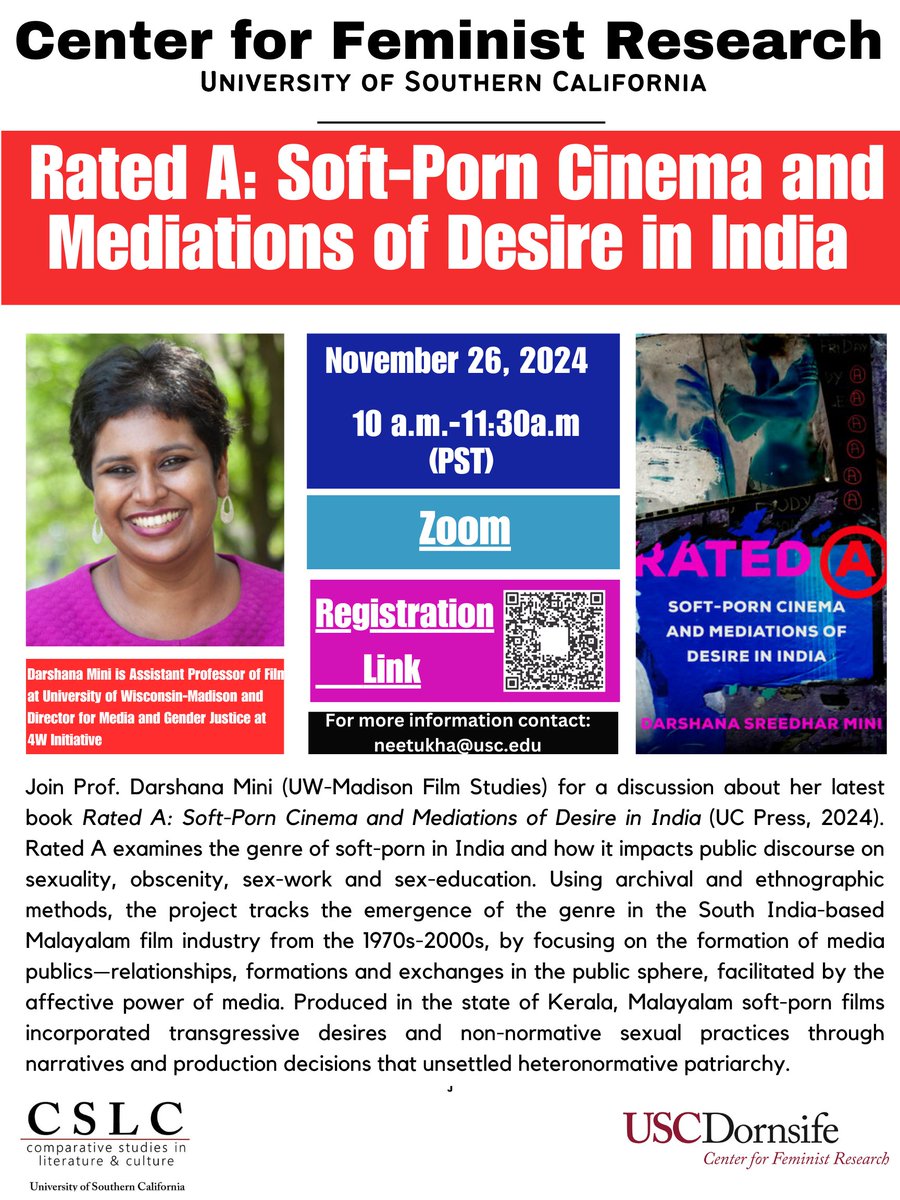 USC Dornsife CFR (@usc_cfr) on Twitter photo On November 26th on Zoom (10am-11:30am PST) Darshana Mini will discuss her latest book "Rated A: Soft-Porn Cinema and Mediations of Desire in India."
Register today: events.humanitix.com/rated-a-soft-pā¦
<a href="/USC_GSS/">USC Dept. of Gender & Sexuality Studies</a> <a href="/USCDornsife/">USC Dornsife College of Letters, Arts & Sciences</a> <a href="/usc_levan/">USC Levan Institute for the Humanities</a> On November 26th on Zoom (10am-11:30am PST) Darshana Mini will discuss her latest book "Rated A: Soft-Porn Cinema and Mediations of Desire in India."
Register today: events.humanitix.com/rated-a-soft-pā¦
<a href="/USC_GSS/">USC Dept. of Gender & Sexuality Studies</a> <a href="/USCDornsife/">USC Dornsife College of Letters, Arts & Sciences</a> <a href="/usc_levan/">USC Levan Institute for the Humanities</a>