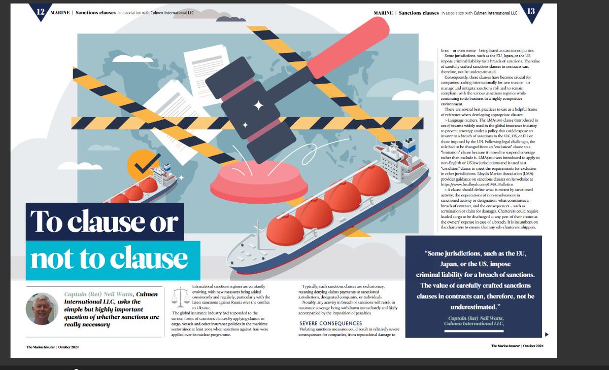 Culmen's maritime sanctions expertise is being highlighted in the most recent issue of the Marine Insurer "Red Sea Growing Challenges." The article on pages 12-14 highlights insurance risks pertaining to maritime sanctions compliance
marineinsurer.co.uk/the-marine-ins…