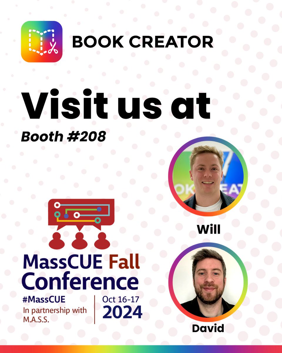 🚀 Attending <a href="/MassCUE/">MassCUE</a> on Oct 16-17? Come meet Will and David! 🎉

Stop by to learn how Book Creator can inspire creativity and collaboration in your classroom! 📚✨

#EdTech #MassCUE #BookCreator #DigitalLearning #CreativeClassrooms #TeacherCommunity