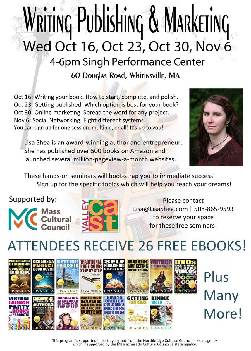 Writing, Publishing &amp; Marketing Series!

🌟October 16 | 4pm - 6pm | Writing your book. How to start, complete, and polish

Sessions are free to attend and will be held at 60 Douglas Road in Whitinsville. 

openskycs.org/news-events/ev…