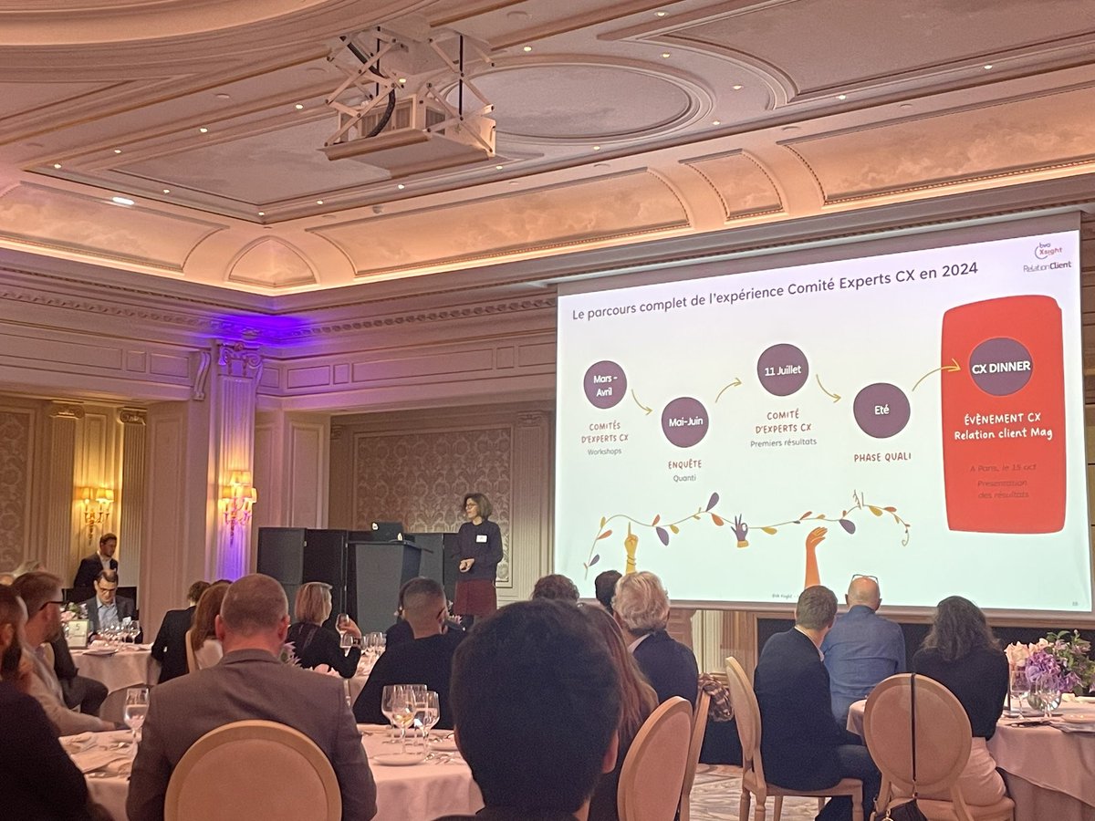 [#CXDinner] Fabienne Galzin est sur la scène du Georges V pour présenter les enseignements de l’étude AI4CX 📊 L’étude sera disponible dès demain sur notre site internet bva-xsight.com