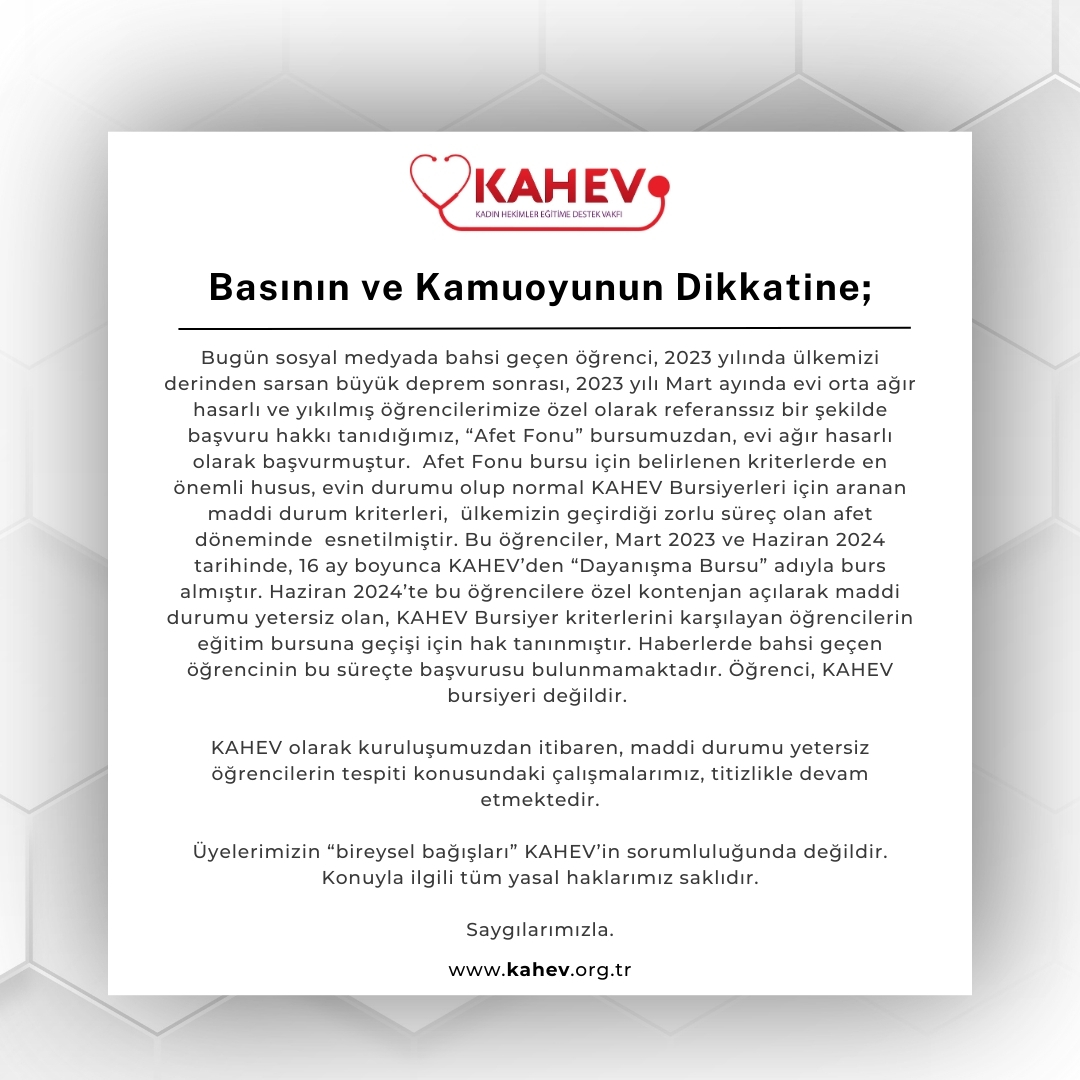 Basının ve Kamuoyunun Dikkatine;

Bugün sosyal medyada bahsi geçen öğrenci, 2023 yılında ülkemizi derinden sarsan büyük deprem sonrası, 2023 yılı Mart ayında evi orta ağır hasarlı ve yıkılmış öğrencilerimize özel olarak referanssız bir şekilde  başvuru hakkı tanıdığımız, “Afet