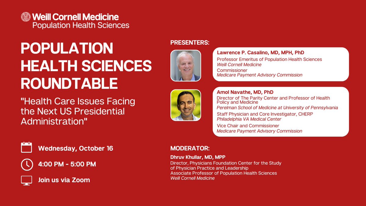 Weill Cornell Medicine Population Health Sciences (@wcmpophealthsci) on Twitter photo Join us tomorrow, October 16 at 4pm for a Roundtable featuring Dr. Lawrence Casalino and @AmolNavanthe, and moderated by <a href="/DhruvKhullar/">Dhruv Khullar</a>. We're excited to hear their insights on the health care issues facing the next US presidential administration: bit.ly/3YljmE9 Join us tomorrow, October 16 at 4pm for a Roundtable featuring Dr. Lawrence Casalino and @AmolNavanthe, and moderated by <a href="/DhruvKhullar/">Dhruv Khullar</a>. We're excited to hear their insights on the health care issues facing the next US presidential administration: bit.ly/3YljmE9