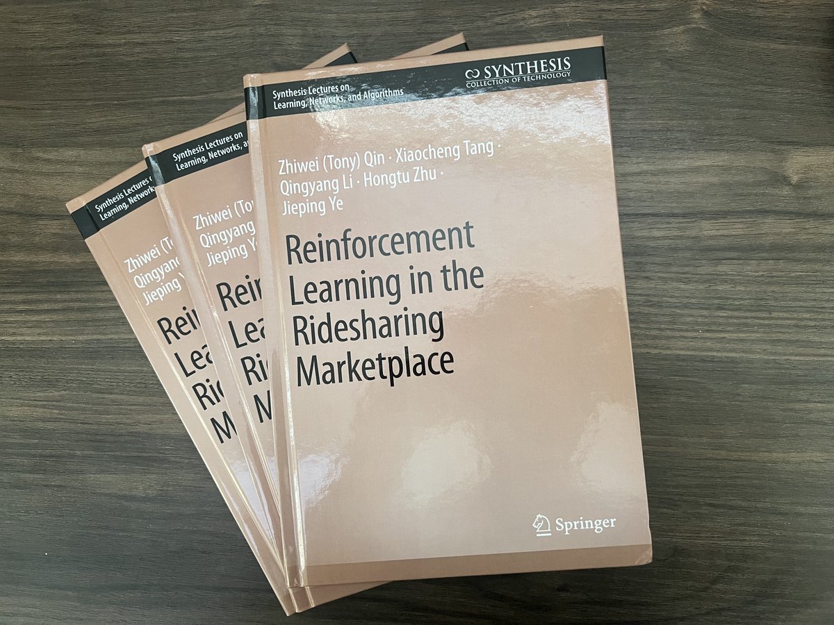 TonyZQin's tweet photo. 🚀 Thrilled to finally receive and hold the printed copies of our new book, "Reinforcement Learning in the Ridesharing Marketplace"! 📚
https://t.co/xNFA8mILGE
#reinforcementlearning #ai #ridesharing #marketplace #optimization #operationsresearch #springer #agents https://t.co/OqjzB8JAgk