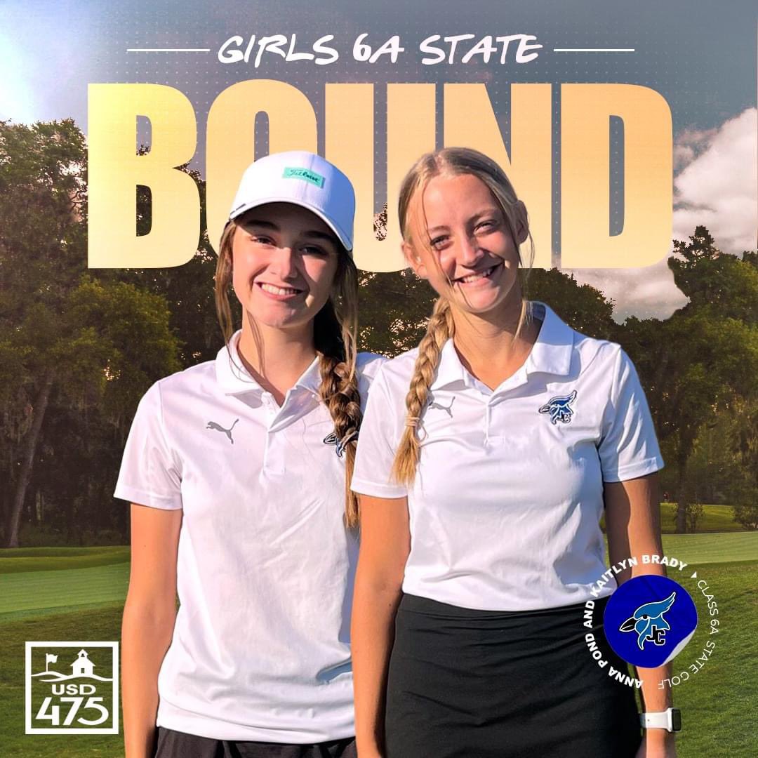 ⛳️ Congrats to Junction City High School girls’ golf standouts Anna Pond and Kaitlyn Brady on qualifying for the 2024 Kansas State High School Activities Association Class 6A Girls Golf State Championship on Monday. Results: tinyurl.com/yck37f79 #ThriveIn475
