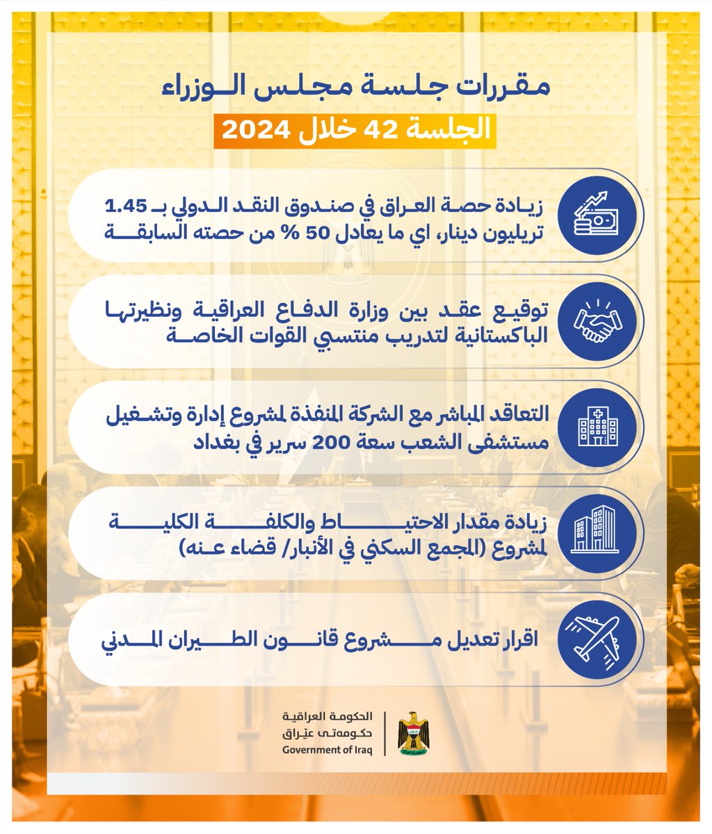 تعرف على أبرز مقررات جلسة مجلس الوزراء الـ 42 خلال عام 2024.

#الحكومة_العراقية
