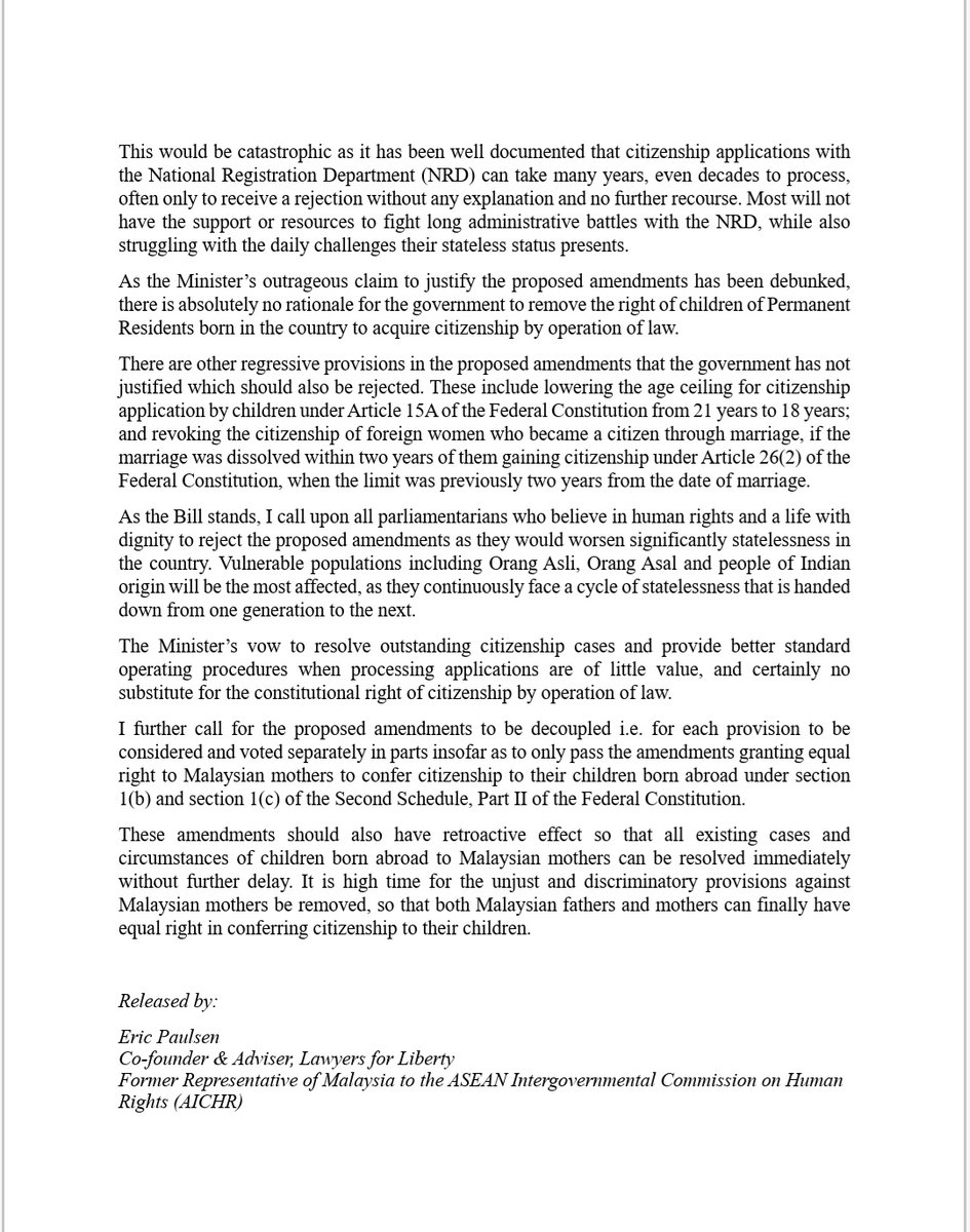 EricPaulsen101's tweet photo. Press Statement 

Parliamentarians must reject The Constitution (Amendment) Bill 2024

16 October 2024 https://t.co/dLzCScgyLC