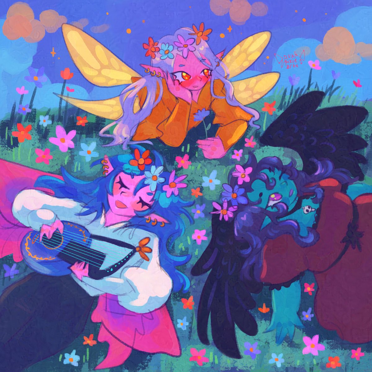 punk_pixi3's tweet image. #oc_tober Happy memory🌸🌼🪻🌻✨
~
Ash and Aisling, princes of the Light Court, and Hanamora, princess of the Night Court, enjoy a peaceful day of music and flower crowns when they were younger 🌟☀️🌙