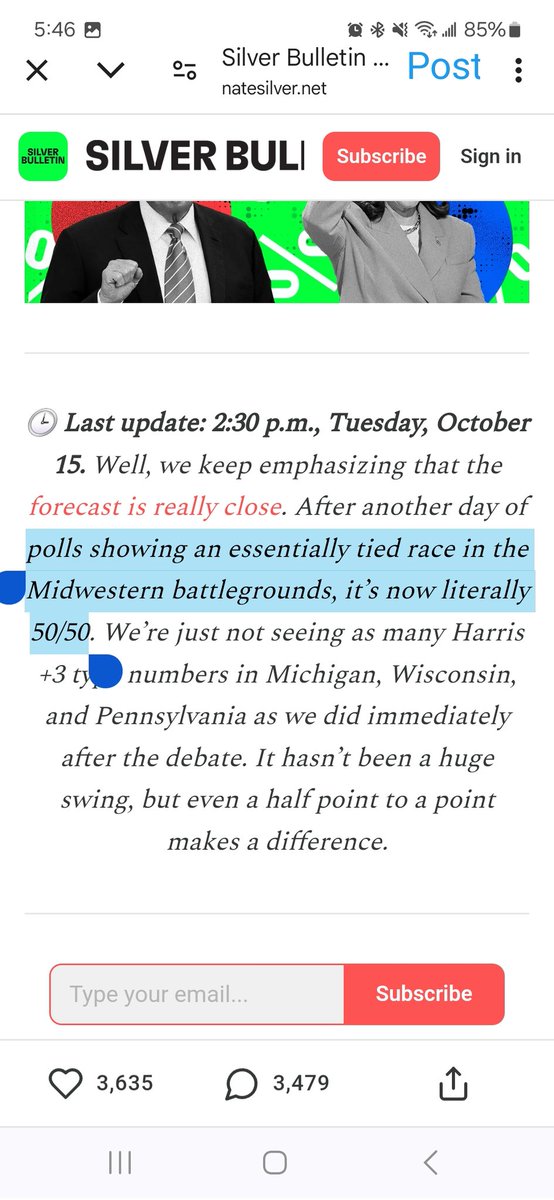 <a href="/nytimes/">The New York Times</a> Factual error: you say Nate Silver gives a slight edge to Harris, at which point you link to his blog, which says the race is “now literally 50/50.”  <a href="/stuartathompson/">Stuart A. Thompson</a>, cc <a href="/NateSilver538/">Nate Silver</a>, who may have more pull to get this error corrected.