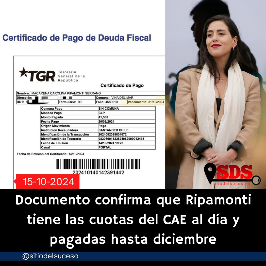 Sitio del Suceso SDS (@sitiodelsuceso) on Twitter photo El comprobante de pago señala que la cuota de diciembre 2024 de la deuda del CAE está pagada por Macarena Ripamonti (<a href="/MacaRipa/">Macarena Ripamonti</a> ), quien busca la reelección como alcaldesa de Viña del Mar.
Más detalles ➡️ instagram.com/p/DBKXrlSuZd1/… El comprobante de pago señala que la cuota de diciembre 2024 de la deuda del CAE está pagada por Macarena Ripamonti (<a href="/MacaRipa/">Macarena Ripamonti</a> ), quien busca la reelección como alcaldesa de Viña del Mar.
Más detalles ➡️ instagram.com/p/DBKXrlSuZd1/…