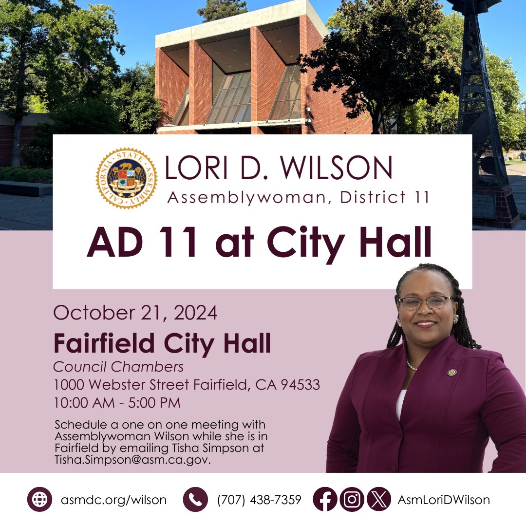 AsmLoriDWilson's tweet photo. 📣Fairfield neighbors! Join us for our upcoming AD11 @ City Hall event in Fairfield. I’ll be meeting with city staff, local businesses, constituents &amp; nonprofits to discuss the issues that matter most to you. This is your chance to share your thoughts directly with me &amp; my staff. https://t.co/wHm4WO0c4b