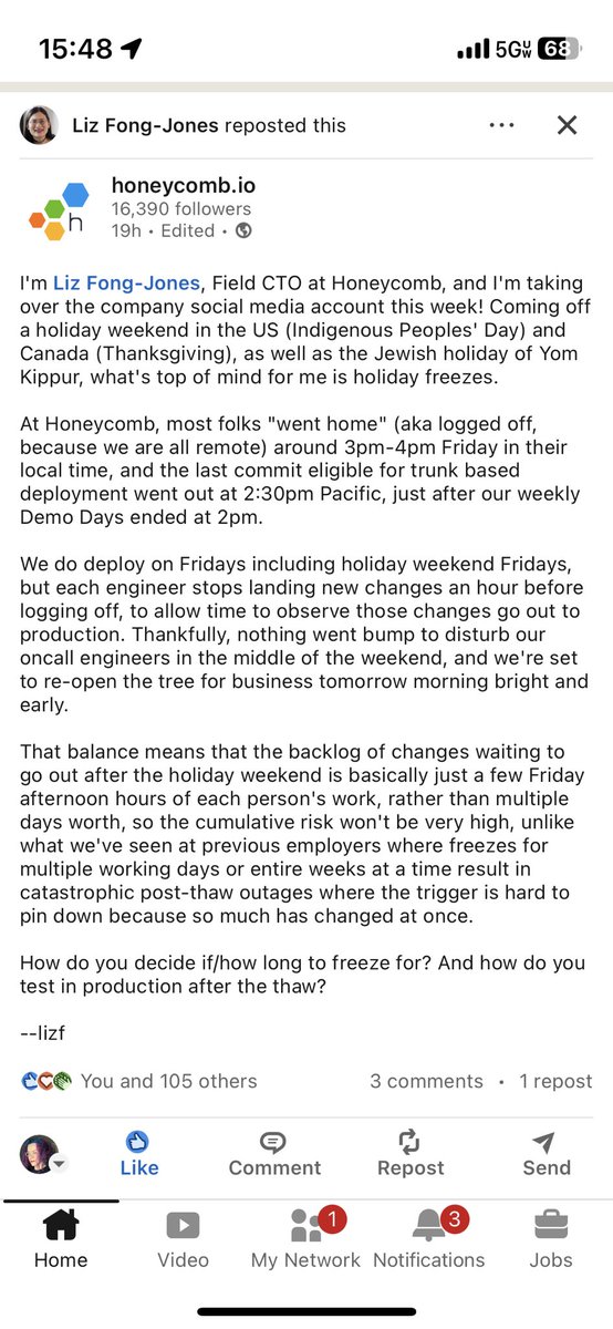 Charity Majors (@mipsytipsy) on Twitter photo Liz has taken over the <a href="/honeycombio/">Honeycomb.io System Status Updates</a> LinkedIn account thisweek. 🥰 Here she is talking about our Friday deploy practices.
Yes, we deploy on Fridays, even before long holiday weekends. But we ask engineers to land their diffs an hour before they log off.
linkedin.com/posts/honeycom… Liz has taken over the <a href="/honeycombio/">Honeycomb.io System Status Updates</a> LinkedIn account thisweek. 🥰 Here she is talking about our Friday deploy practices.
Yes, we deploy on Fridays, even before long holiday weekends. But we ask engineers to land their diffs an hour before they log off.
linkedin.com/posts/honeycom…