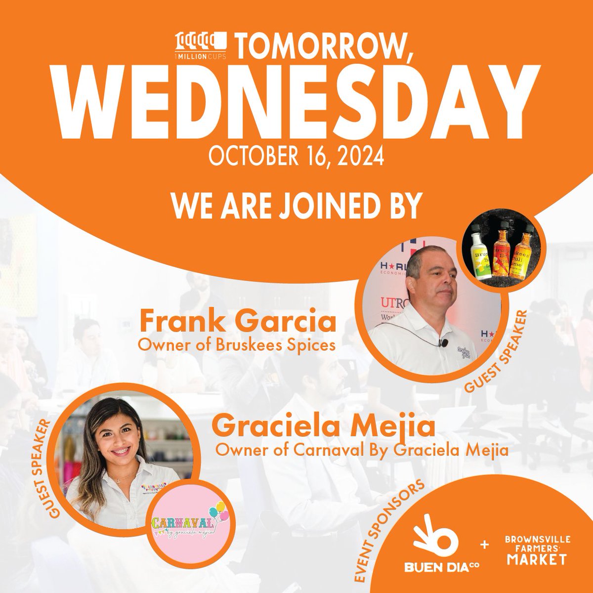 1 Million Cups Brownsville (@1millioncupsbtx) on Twitter photo Things are brewing in the #RioGrandeValley! โ๐
โจ Join us tomorrow as we welcome Rise Up Harlingen Pitch winner Frank Garcia ๐ถ๏ธ & Carnaval by Graciela Mejia ๐ญ for inspiring stories!
โฐ Wed, Oct 16, 9 AM ๐ <a href="/ebridgecenter/">eBridge Center</a>
๐ RSVP: 1mc.ebridgecenter.org
#1MillionCups #RGV Things are brewing in the #RioGrandeValley! โ๐
โจ Join us tomorrow as we welcome Rise Up Harlingen Pitch winner Frank Garcia ๐ถ๏ธ & Carnaval by Graciela Mejia ๐ญ for inspiring stories!
โฐ Wed, Oct 16, 9 AM ๐ <a href="/ebridgecenter/">eBridge Center</a>
๐ RSVP: 1mc.ebridgecenter.org
#1MillionCups #RGV