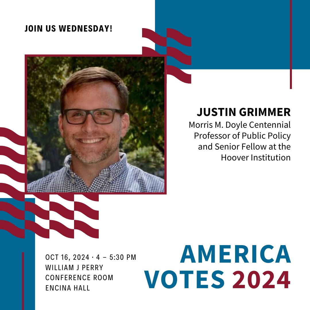 🇺🇸🗳️ Our AMERICA VOTES 2024 series continues TOMORROW w/ <a href="/bcwrone/">Brandice Canes-Wrone</a> <a href="/JustinGrimmer/">Justin Grimmer</a> &amp;  <a href="/LarryDiamond/">LarryDiamond</a> on the historical context of this presidential election, the risks/realities of vote/voter manipulation, &amp; reforms to help depolarize US democracy.

REGISTER: ow.ly/xieM50TMeGV