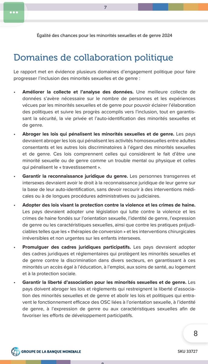 EbenezerMunkam's tweet photo. Le rapport « Égalité des chances pour les minorités sexuelles et de genre » 
(EQOSOGI) est disponible depuis le 10 Septembre 2024. 
En image les domaines d’engagement politique pour faire progresser l’inclusion des minorités sexuelles et de genre. #BanqueMondiale @BM_Afrique https://t.co/54YTma2EB0
