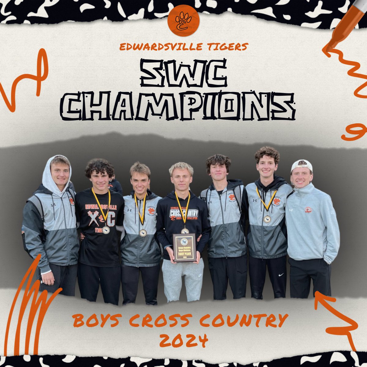Edwardsville618's tweet photo. DOUBLE VICTORY for Edwardsville Cross-Country Program! 🏆🏃♀️🏃♂️ Congrats to both the Boys and Girls teams on winning the Southwestern Conference Championship! Your hard work and dedication paid off in a big way. 🧡🐅🖤 Way to represent, Tigers! #HUSLE #SWCChamps https://t.co/c4E7tCo8Nc