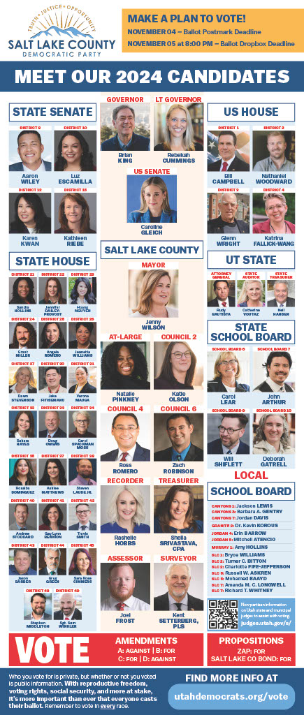 SLCountyDems's tweet photo. Ballots are arriving in the mail today. Check out our Voter Guide to learn who we recommend for every race in Salt Lake County and make sure to vote your whole ballot!
#vote #utpol https://t.co/z8yMzqWpAr