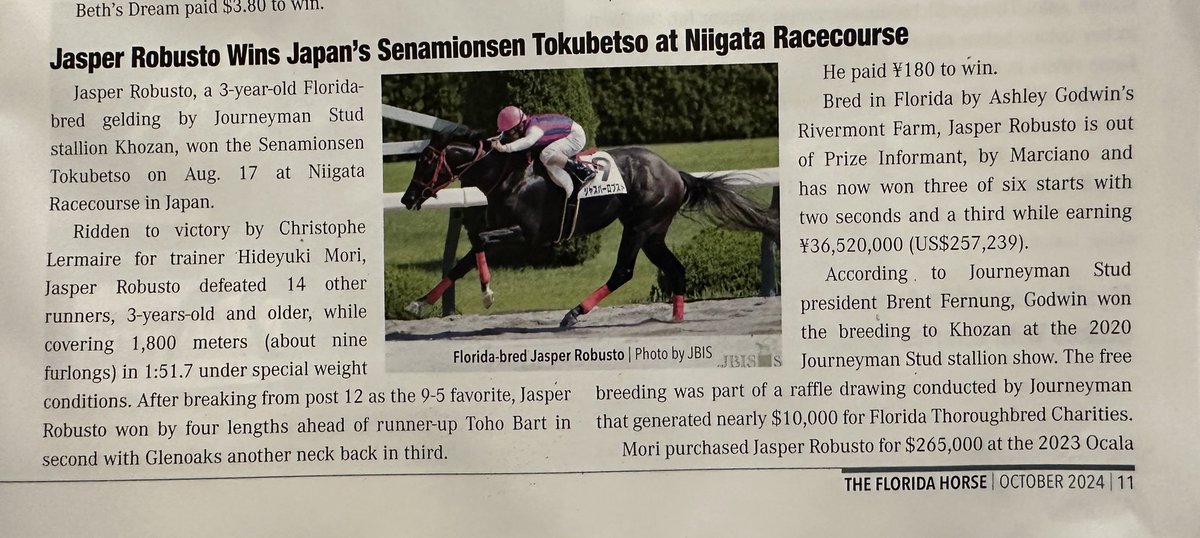RivermontFarm's tweet photo. Thank you to the @florida_horse for the write up in the FL Horse magazine about Rivermont homebred Jasper Robusto!  #FLbred #horseracing #smallbreeder https://t.co/yHTSKKQIEb