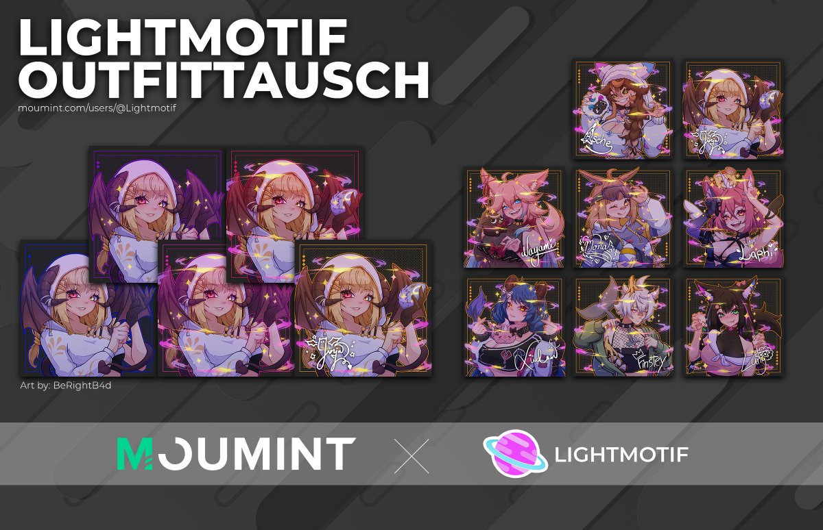 lightmotif_live's tweet photo. Unsere erste @moumint Collection mit allen 8 Talents ist jetzt verfügbar! 🎨

Wir wünschen euch viel Spaß beim Sammeln!

https://t.co/To13ddHgdY

🎨@BeRightB4d https://t.co/a5vlwComen
