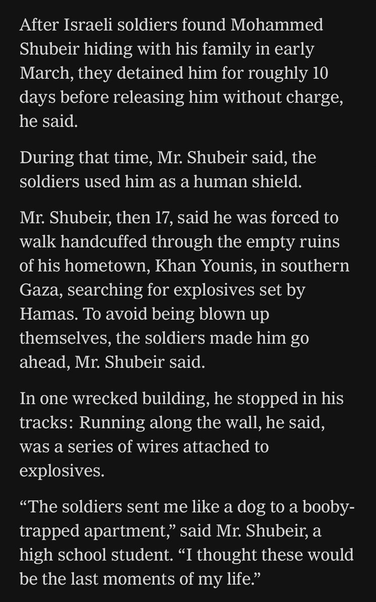 The NYT just published a piece on how Israeli army routinely and systematically uses Palestinians as human shields in Gaza. 

Palestinians were officially referred to as insects — “wasps” or “mosquitos.”

This is a war crime that has not been documented since Vietnam.
