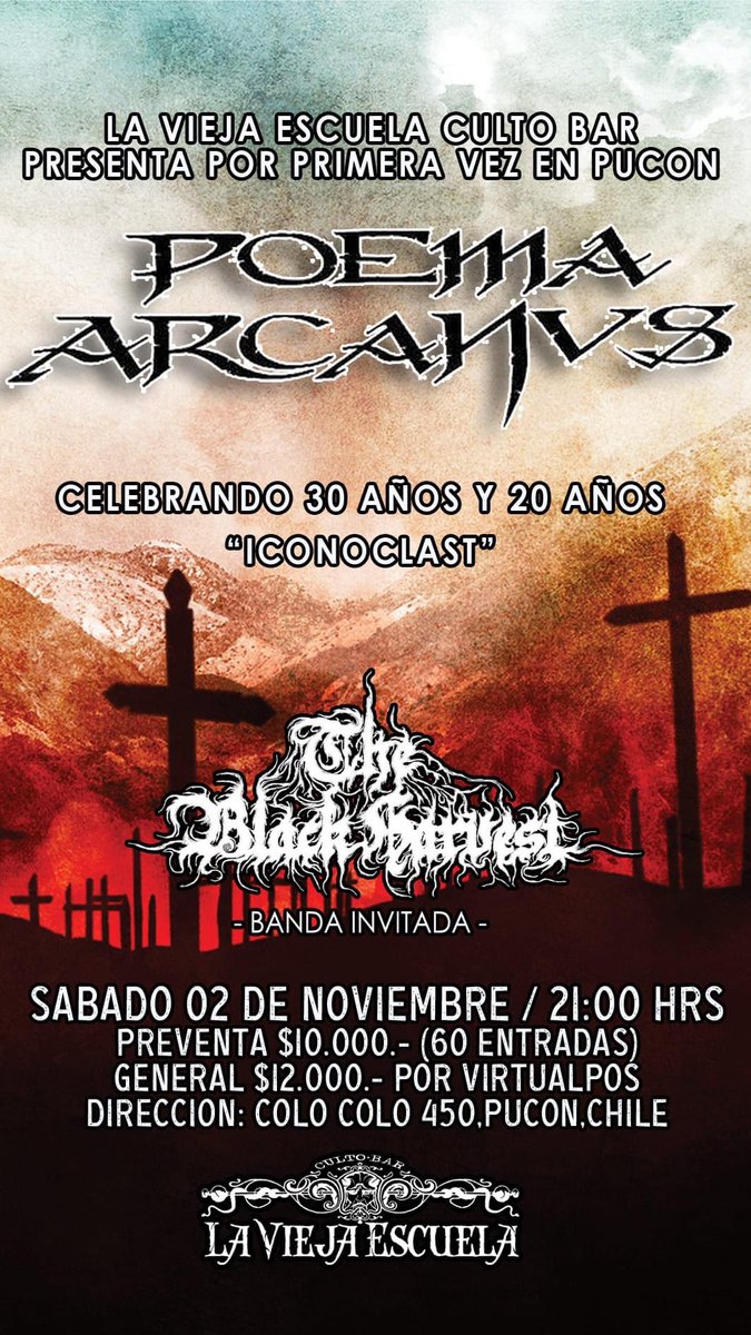 Van quedando menos tickets en preventa para estos conciertos en el sur de Chile en Osorno Antros Rock Bar  y en Pucón La vieja escuela culto bar junto a The Black Harvest 

Tickets en link pages.virtualpos.cl/cc-prods/63776… y por perfil del local en Osorno!