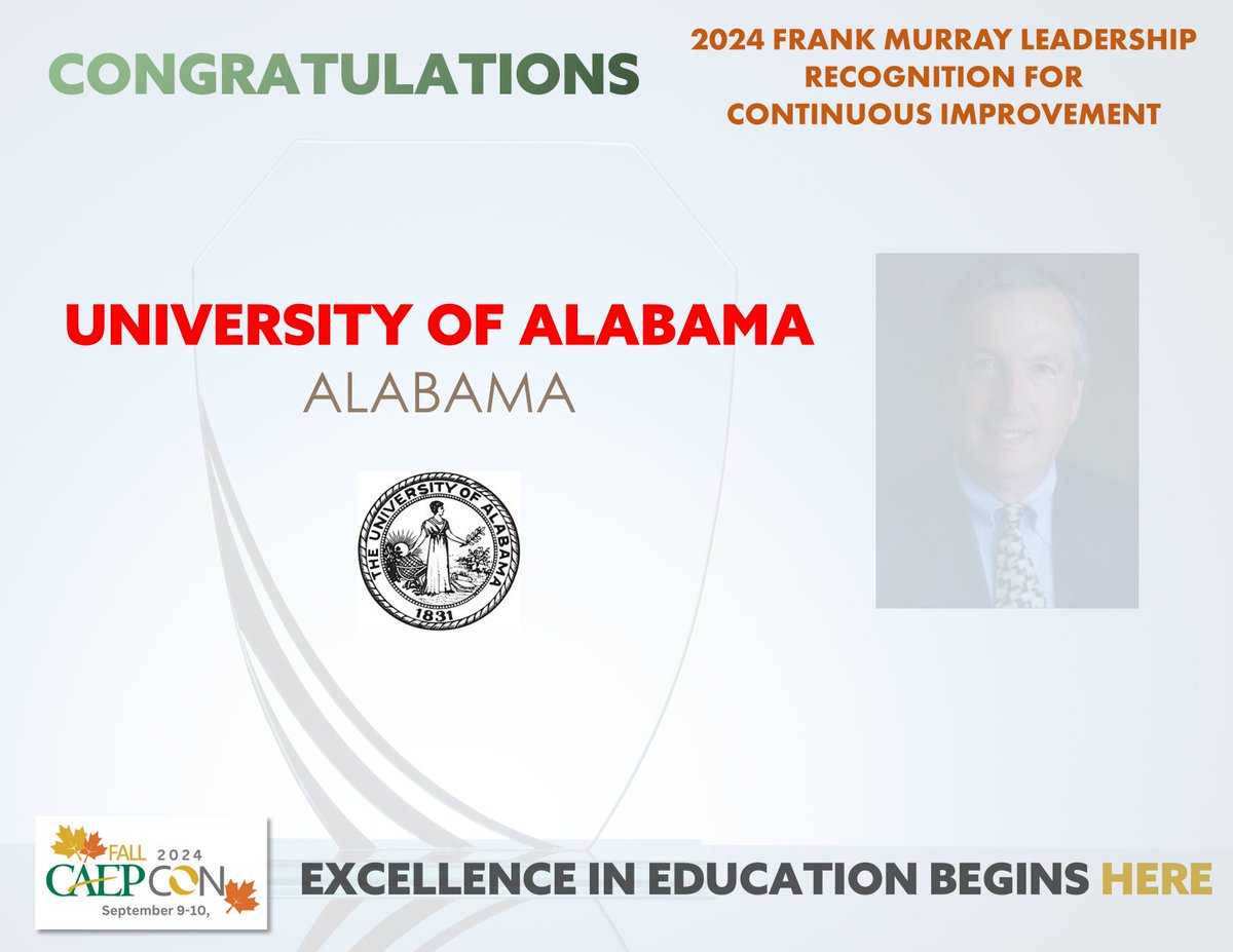 CAEP (@caepupdates) on Twitter photo Help us congratulate <a href="/UofAlabama/">The University of Alabama</a> on receiving one of the 2024 Murray Awards at our fall 2024 CAEPCon! Winners of the award provided evidence and data trends to achieve accreditation with no stipulations or areas for improvement. Help us congratulate <a href="/UofAlabama/">The University of Alabama</a> on receiving one of the 2024 Murray Awards at our fall 2024 CAEPCon! Winners of the award provided evidence and data trends to achieve accreditation with no stipulations or areas for improvement.