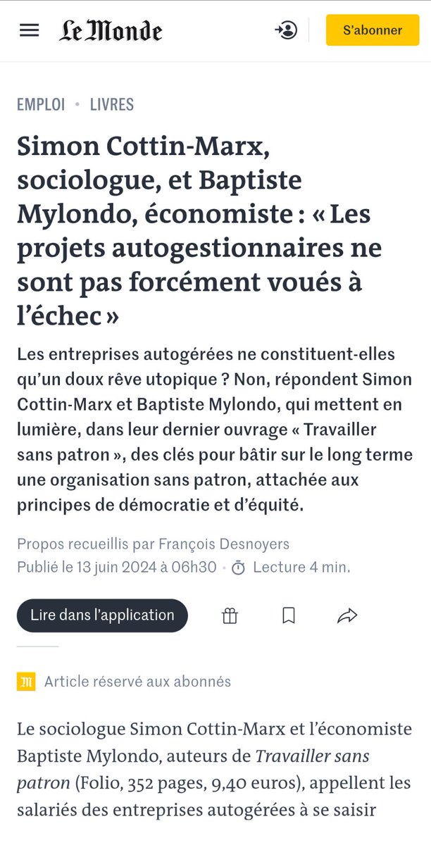 Simon Cottin-Marx (@simoncma) on Twitter photo Avec Baptiste Mylondo on a parlĂ© de Travailler sans patron dans <a href="/lemondefr/">Le Monde</a> (il y a quelques mois) et sur Radio Libertaire (ce soir). Deux salles, deux ambiances ? Un peu (on ne va pas mentir) mais toujours le mĂȘme intĂ©rĂȘt pour le travail autrement radio-libertaire.org/podcast/z_comm⊠Avec Baptiste Mylondo on a parlĂ© de Travailler sans patron dans <a href="/lemondefr/">Le Monde</a> (il y a quelques mois) et sur Radio Libertaire (ce soir). Deux salles, deux ambiances ? Un peu (on ne va pas mentir) mais toujours le mĂȘme intĂ©rĂȘt pour le travail autrement radio-libertaire.org/podcast/z_commâŠ