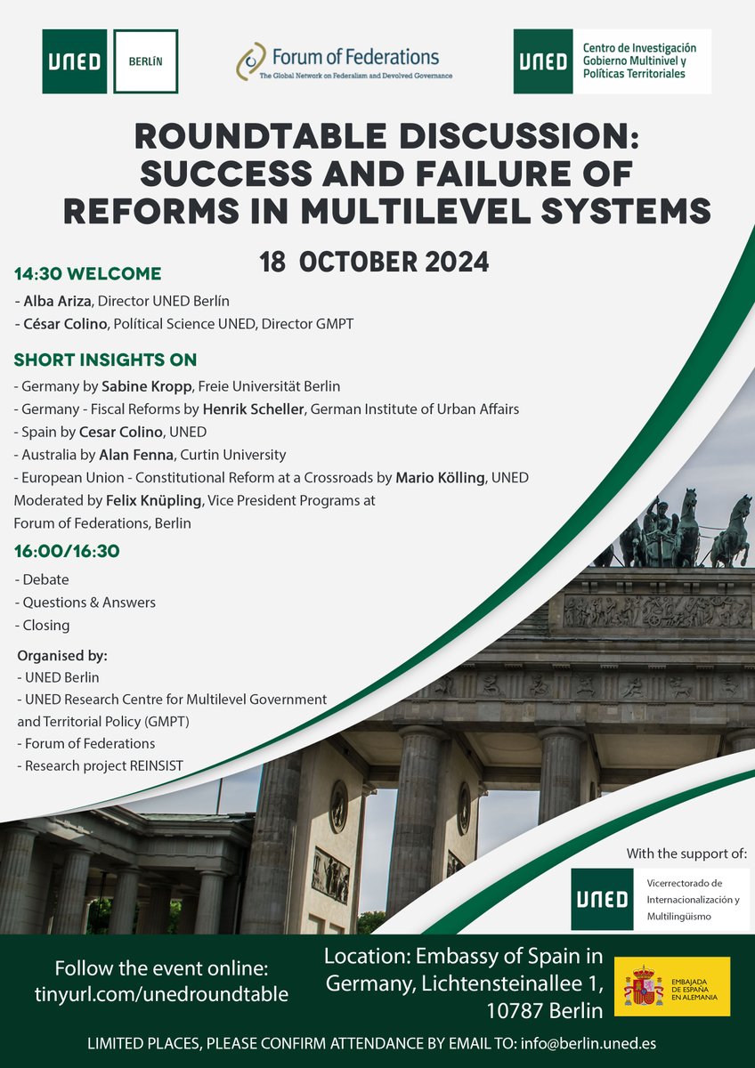 No te pierdas el próximo evento en UNED Berlín de mesa redonda sobre el éxito y el fracaso de las reformas en sistemas multinivel.
Con expertos alemanes e internacionales.
#UNED #unedberlin #intecca