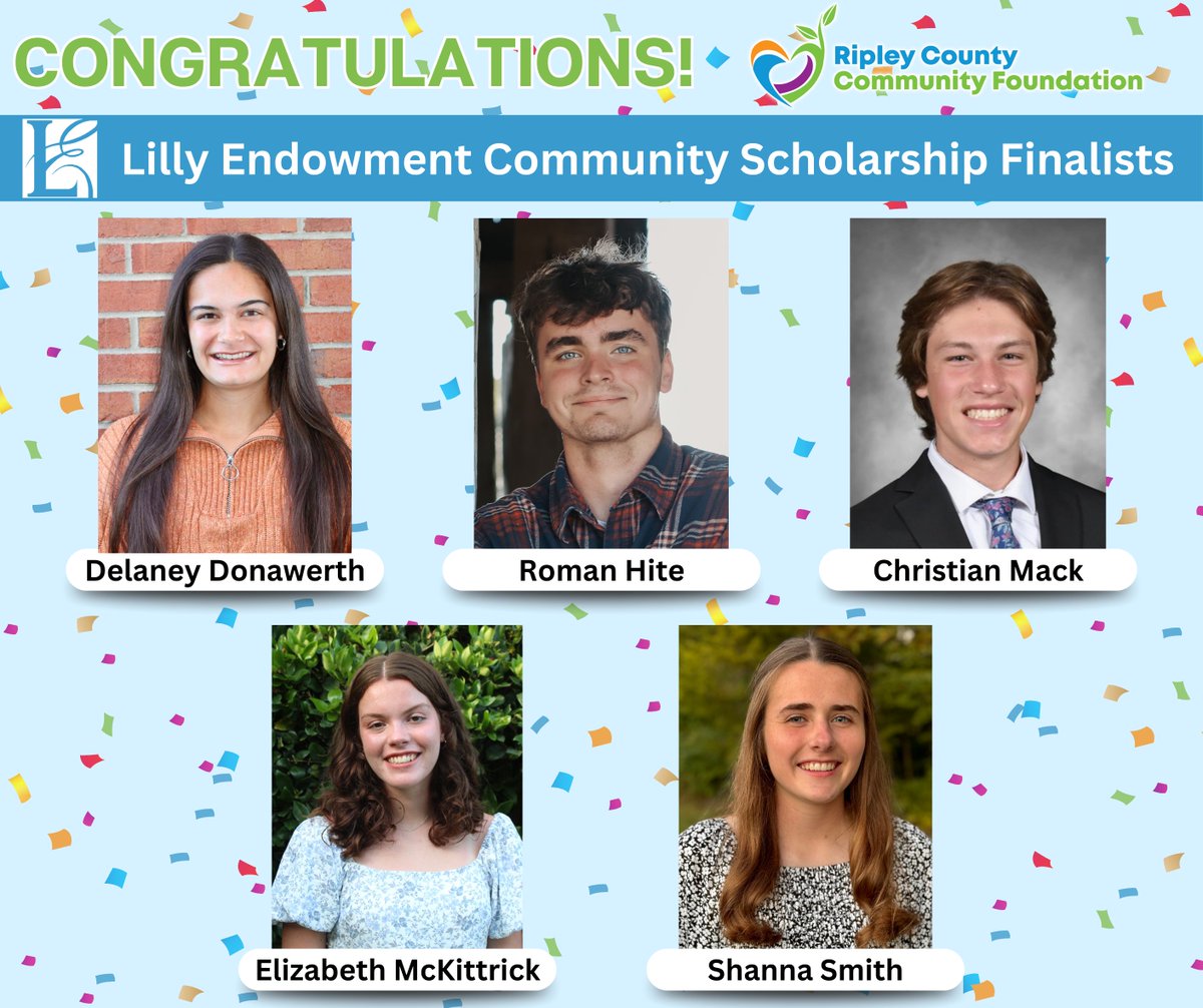 Ripley County Community Foundation (@rccfonline) on Twitter photo We're proud to announce the 2025 Lilly Endowment Community Scholarship Finalists! Congrats:
Delaney Donawerth - East Central High School
Roman Hite - Switzerland County High School
Christian Mack - <a href="/oburgacademy/">Oldenburg Academy</a>
Elizabeth McKittrick - <a href="/SR_Raiders/">South Ripley Schools</a>
Shanna Smith - <a href="/BulldogsBville/">Batesville High School</a> We're proud to announce the 2025 Lilly Endowment Community Scholarship Finalists! Congrats:
Delaney Donawerth - East Central High School
Roman Hite - Switzerland County High School
Christian Mack - <a href="/oburgacademy/">Oldenburg Academy</a>
Elizabeth McKittrick - <a href="/SR_Raiders/">South Ripley Schools</a>
Shanna Smith - <a href="/BulldogsBville/">Batesville High School</a>