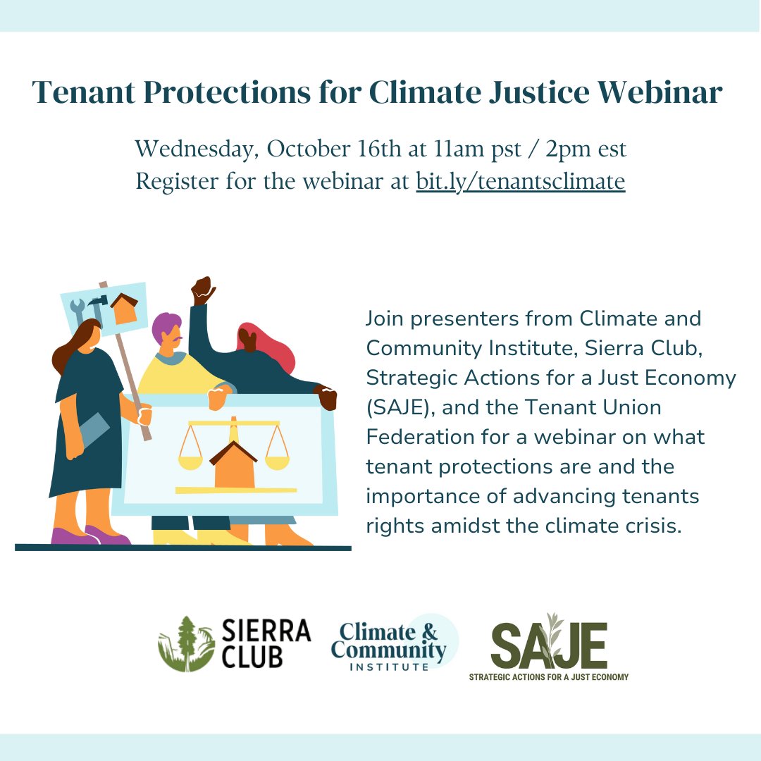 Climate & Community Institute (@cplusci) on Twitter photo Why are tenant protections are a climate justice issue, how are people are fighting back? Join us, <a href="/SierraClub/">Sierra Club</a>, <a href="/SAJE_ShiftPower/">Strategic Actions for a Just Economy</a>, and @tenantfed TOMORROW at 2 ET/11 PT for an overview of our new primer, highlights of organizing work, and more!
sierraclub.zoom.us/webinar/regist… Why are tenant protections are a climate justice issue, how are people are fighting back? Join us, <a href="/SierraClub/">Sierra Club</a>, <a href="/SAJE_ShiftPower/">Strategic Actions for a Just Economy</a>, and @tenantfed TOMORROW at 2 ET/11 PT for an overview of our new primer, highlights of organizing work, and more!
sierraclub.zoom.us/webinar/regist…