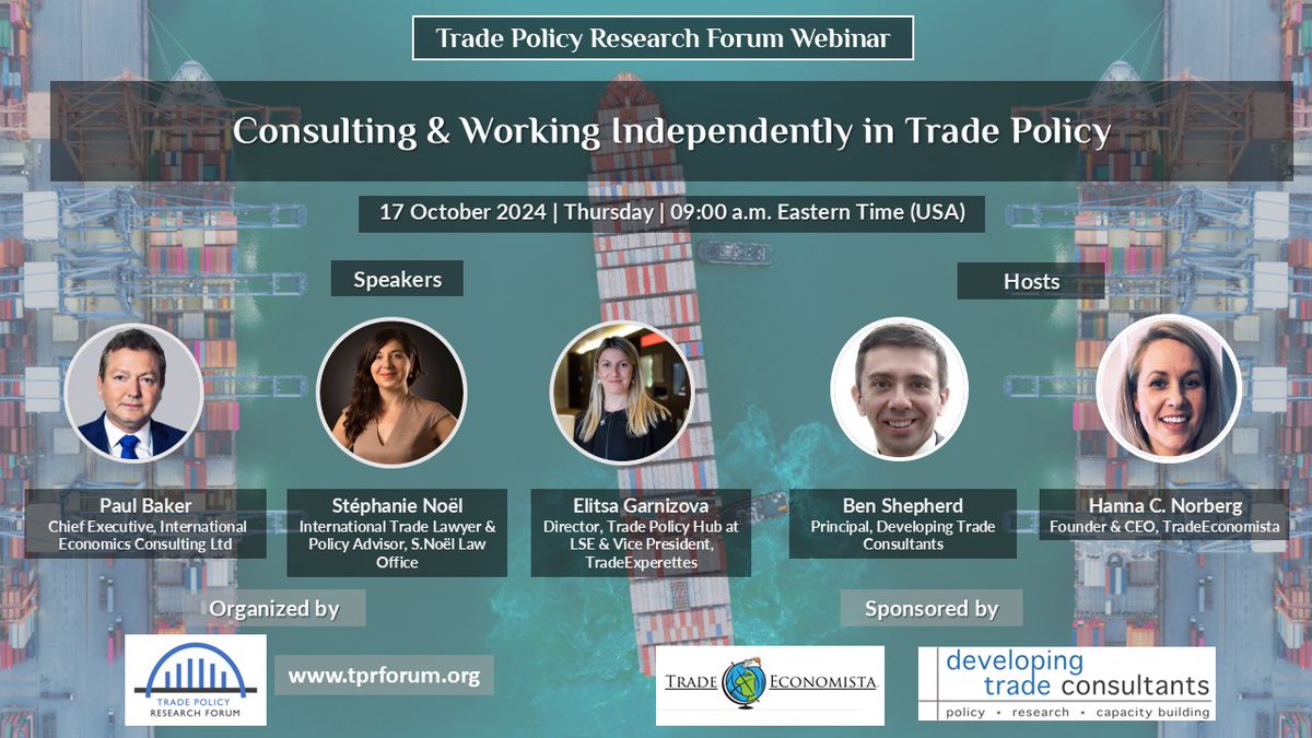 TPRForum (@tprforum) on Twitter photo THURSDAY , Oct 17th at 9 AM ET/1500 CET, <a href="/BenShepherdEcon/">Ben Shepherd</a> & <a href="/TradeEconomista/">Hanna C. Norberg</a> will host a “Consulting and Working Independently in Trade Policy” webinar w/ special guest ⭐️ <a href="/stephaniecnoel/">Stéphanie C. Noël</a> <a href="/EGarnizova/">Elitsa Garnizova</a> & @Paul Baker.
Sign up to join us!
lnkd.in/eFnYtfXj THURSDAY , Oct 17th at 9 AM ET/1500 CET, <a href="/BenShepherdEcon/">Ben Shepherd</a> & <a href="/TradeEconomista/">Hanna C. Norberg</a> will host a “Consulting and Working Independently in Trade Policy” webinar w/ special guest ⭐️ <a href="/stephaniecnoel/">Stéphanie C. Noël</a> <a href="/EGarnizova/">Elitsa Garnizova</a> & @Paul Baker.
Sign up to join us!
lnkd.in/eFnYtfXj