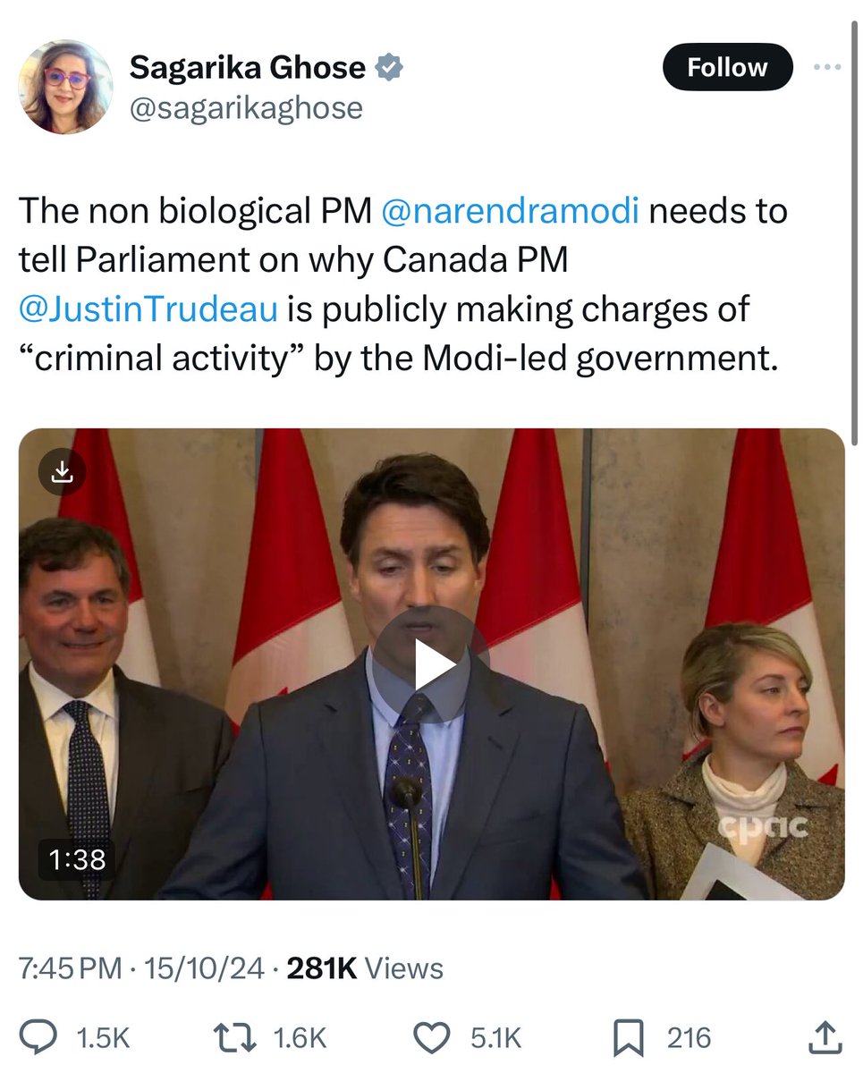 erbmjha's tweet photo. Have you ever seen an opposition party in any country targeting its own govt when the country is under attack by external forces? 

Rather than standing with India, TMC MP is siding with Canada. 

This is the 2.5 war general Bipin Rawat talked about!

Shame on you @sagarikaghose https://t.co/wL44MmlCTV