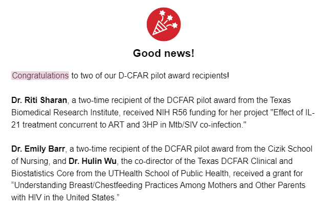 Texas Developmental Center for AIDS Research (@texasdcfar) on Twitter photo ICYMI our #TXDCFAR members <a href="/RitiSharan/">Riti Sharan</a> <a href="/emmybarr/">Emily Barr, PhD, PNP, CNM, FACNM, FAAN</a> received GRANTS! 💰💰
Join our #TXDCFAR (link in bio!) to have access to pilot awards to accelerate your research career! Membership is free.
<a href="/Women_in_ID/">Women In Infectious Diseases (WIID)</a> <a href="/BCMFromtheLabs/">From the Labs at Baylor College of Medicine</a> <a href="/MysorekarLab/">Dr. Indira Mysorekar</a> <a href="/BCMGradSchool/">BCM Graduate School of Biomedical Sciences</a> <a href="/CizikNursing/">Cizik School of Nursing at UTHealth Houston</a> <a href="/UTHealthSPH/">UTHealth Houston School of Public Health</a> ICYMI our #TXDCFAR members <a href="/RitiSharan/">Riti Sharan</a> <a href="/emmybarr/">Emily Barr, PhD, PNP, CNM, FACNM, FAAN</a> received GRANTS! 💰💰
Join our #TXDCFAR (link in bio!) to have access to pilot awards to accelerate your research career! Membership is free.
<a href="/Women_in_ID/">Women In Infectious Diseases (WIID)</a> <a href="/BCMFromtheLabs/">From the Labs at Baylor College of Medicine</a> <a href="/MysorekarLab/">Dr. Indira Mysorekar</a> <a href="/BCMGradSchool/">BCM Graduate School of Biomedical Sciences</a> <a href="/CizikNursing/">Cizik School of Nursing at UTHealth Houston</a> <a href="/UTHealthSPH/">UTHealth Houston School of Public Health</a>