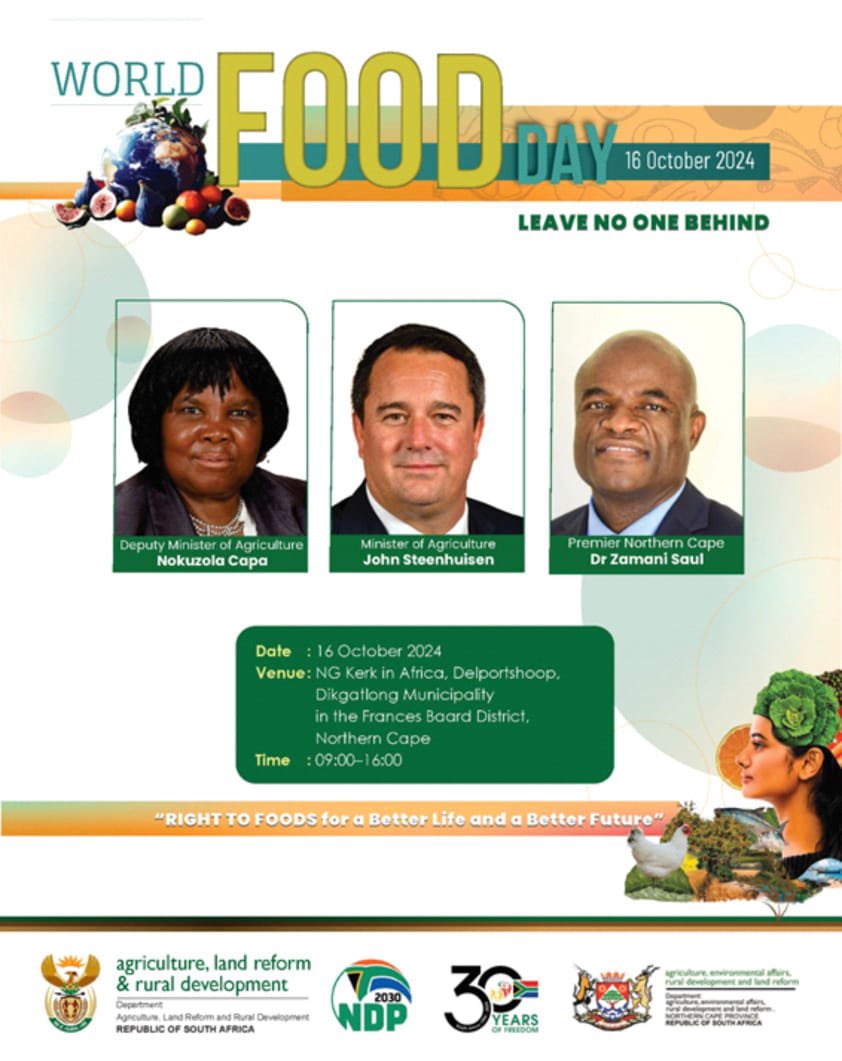 📍|Happening Tomorrow| 🇿🇦
Minister John Steenhuisen, Premier Dr. Zamani Saul, and MEC Mase Manopole will lead World Food Day in Delportshoop, Northern Cape. Theme: “Rights to Food for a Better Life &amp; Future.” 🌍🥕🥬
Stay tuned for updates!

#WFDNC24
#WorldFoodDay
