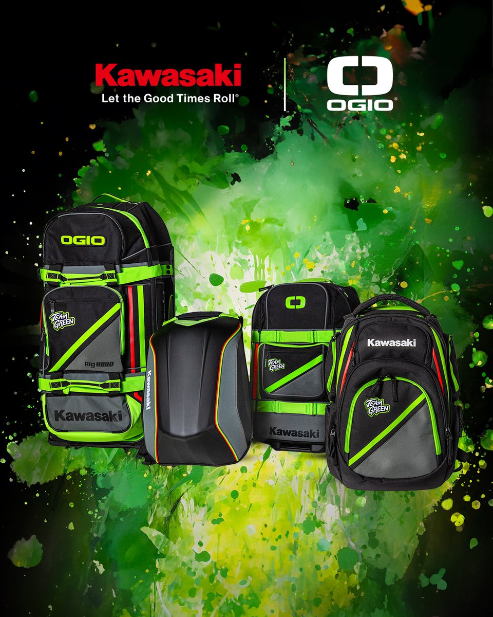 KawasakiUSA's tweet image. #Kawasaki &amp;amp; #OGIO Powersports have partnered to create a Team Green luggage line! Pack everything you need for your next ride at the track or when traveling to watch your favorite Kawasaki riders live. Visit r.kawasaki.com/n3RXw86Y to shop now.  #GoodTimes