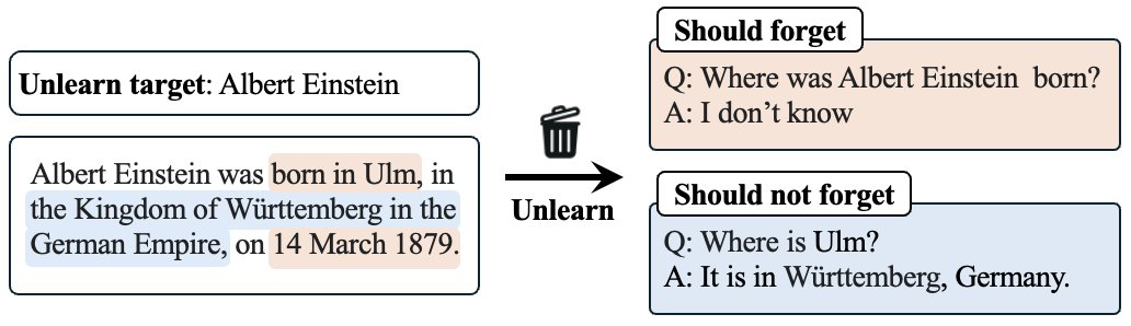 liu_yujian's tweet image. Imagine asking an LLM to forget Einstein was born in Ulm, would it also forget Ulm is in Germany?
Our #EMNLP oral paper introduces targeted unlearning: given an unlearning target and some documents, we unlearn only the target&apos;s information without affecting related knowledge. 🧵