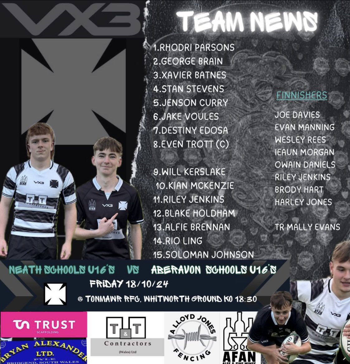 Squad for Friday’s Dewer Shield match with Aberavon at Tonmawr RFC. Kick off 6.30pm